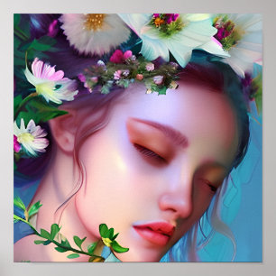 Söt Fairy Flowers in Hair Fantasy Art Poster