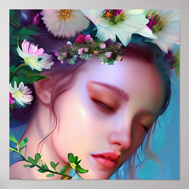 Söt Fairy Flowers in Hair Fantasy Art Poster (Framsidan)