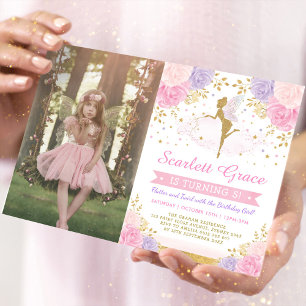 Söt Fairy Rosa Lila Guld Ro födelsedag Inbjudningar