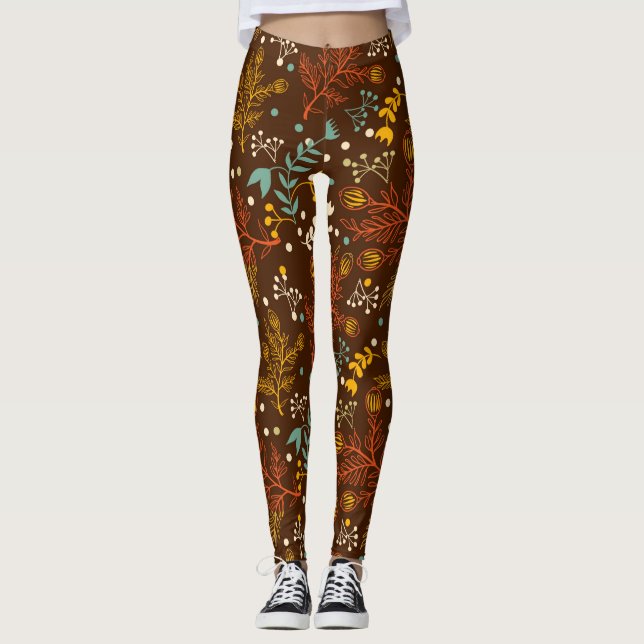 Söt Fall Flowers på Rik Brown Background Leggings (Framsida)