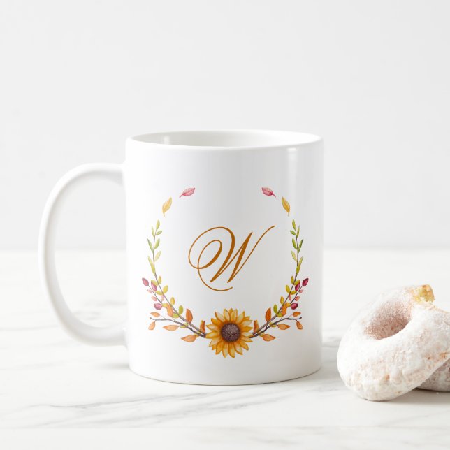 Söt Fall Gult Solros Bouquet Monogram Kaffemugg (Med munk)