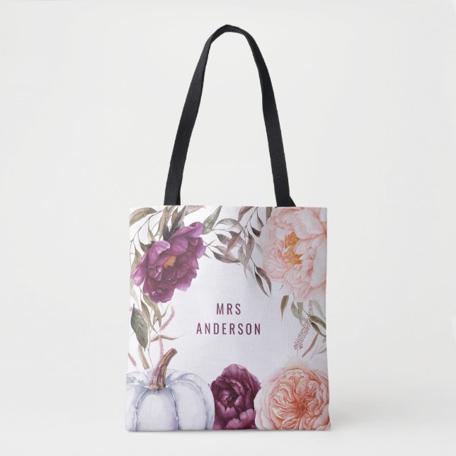 Söt fall lila rosa blommigt elegant personlig  tygkasse (Framsida)