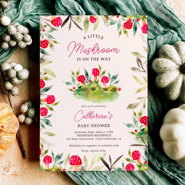 Söt fall vattenfärg liten babydusch för små svampa inbjudningar (Cute fall hand painted watercolor little mushroom baby shower invitation)