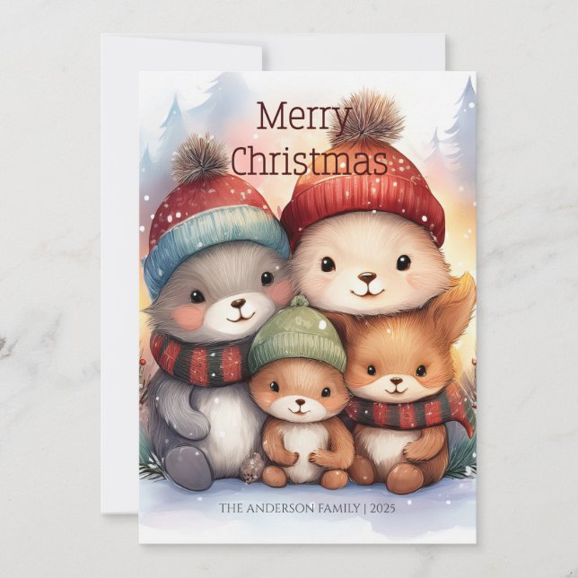 Söt familj av skogsdjur God Jul Kort (Framsida)