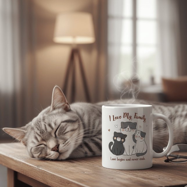 Söt familjemugg för kattälskare - Kärlek börjar  Kaffemugg (Skapare uppladdad)