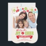 Söt familjesemester jul fotokort julkort<br><div class="desc">Sött julkort för familjen med godisrandor,  handskar,  retroprydnader med julsägelsen "Wishing you Joy & Cheer" i röd och grön typsnitt. Vänd vårt fotokort för att se en koordinerad röd prydnad på baksidan för en extra speciell touch.  Finns i en modern utstansad form.</div>