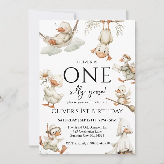 Söt Fånig Goose, ett Fånig går 1:a Party Inbjudningar (Framsida)