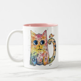 Söt fantasifull glad katt med fågel Två-Tonad mugg