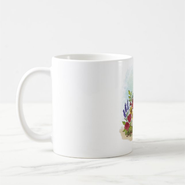 Söt fantasifull groda i blomsterträdgårdsillustrat kaffemugg (Vänster)