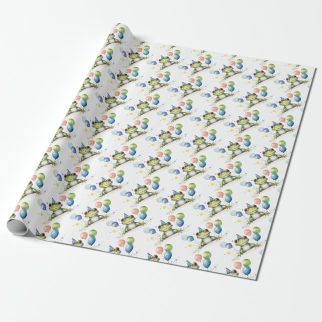 Söt fantasifull grön groda med ballonger presentpapper (Utrullad)