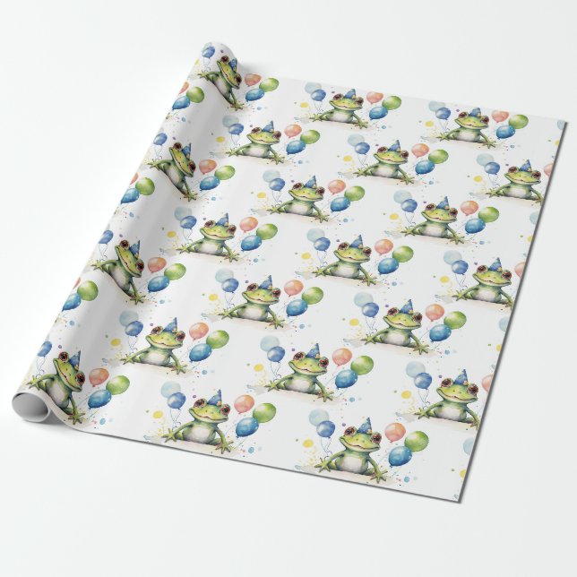 Söt fantasifull grön groda med ballonger presentpapper (Utrullad)