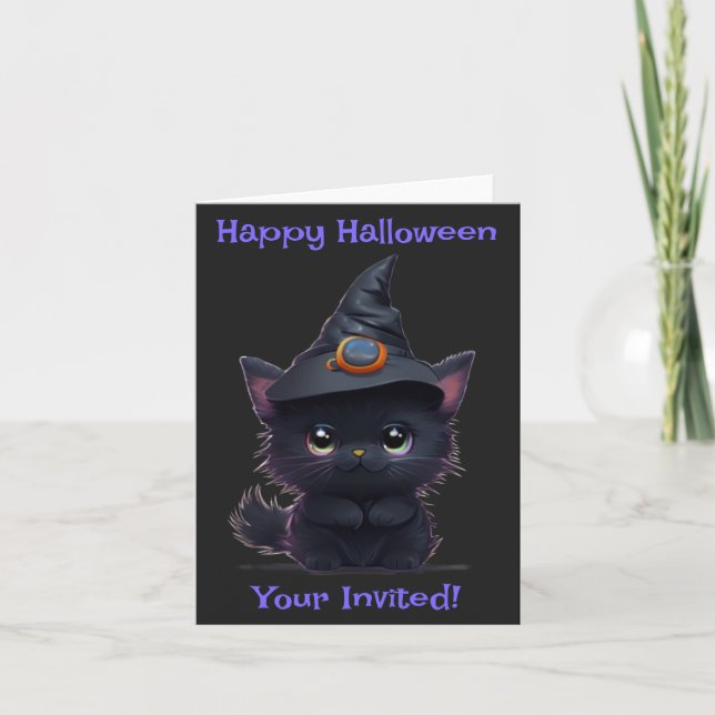Söt fantasifull Halloween svart katt Inbjudan (Framsida)