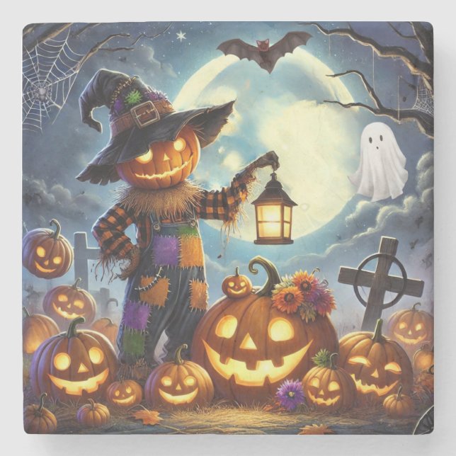 Söt, fantasifull halloweenfågelskrämma & pumpor stenunderlägg (Framsidan)