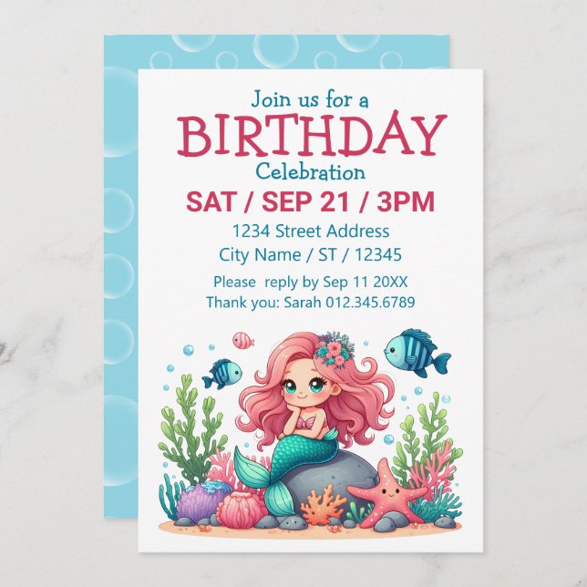 Söt fantasifull havfrue- och fiskvänscen inbjudningar (Fram/baksida)