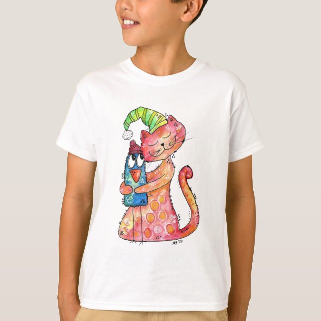 Söt fantasifull katt älskar fågel  t shirt (Framsida)
