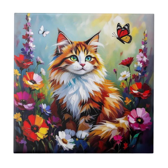 Söt fantasifull katt, blommor och fjärilar kakelplatta (Framsidan)