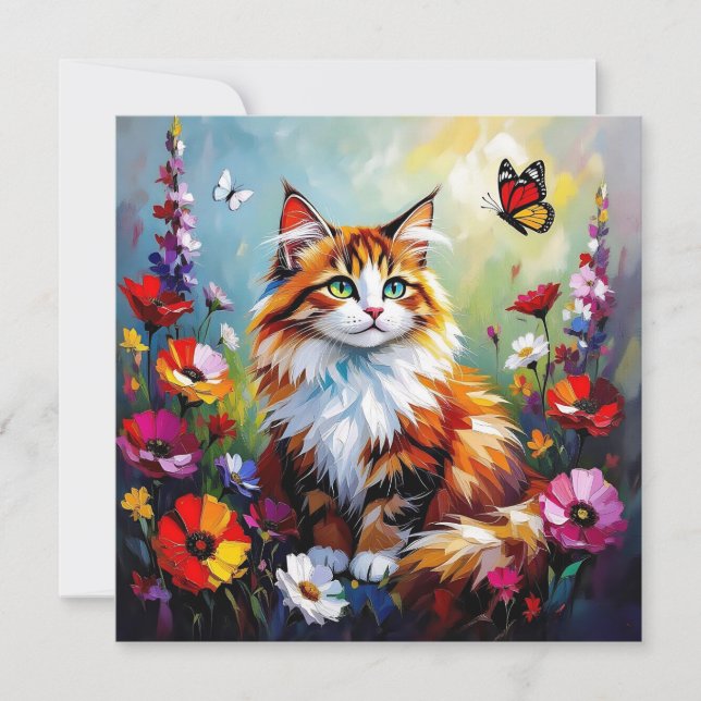 Söt fantasifull katt, blommor och fjärilar kort (Framsida)