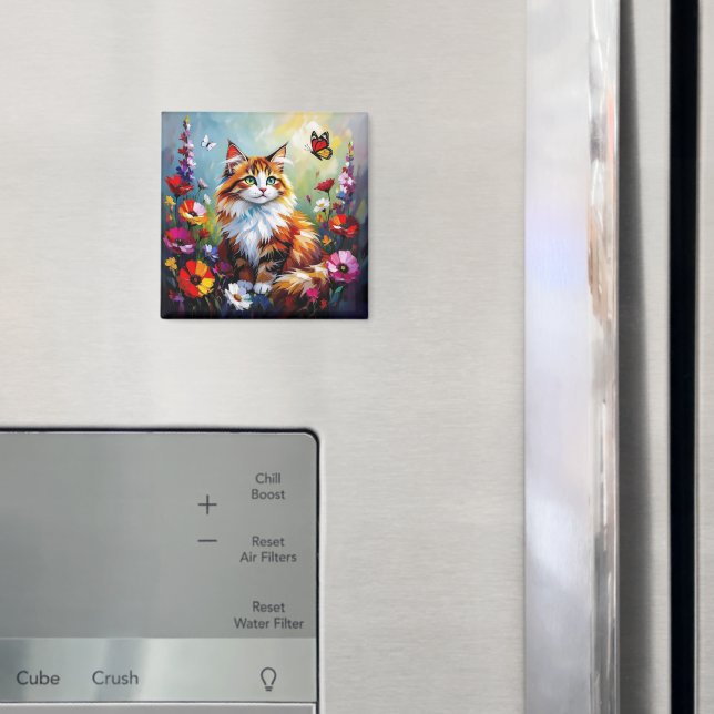 Söt fantasifull katt, blommor och fjärilar magnet (In Situ (Fridge))