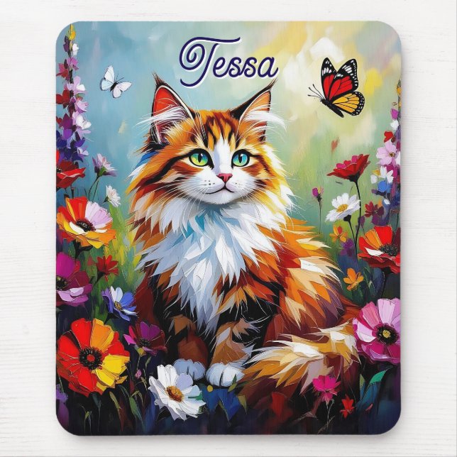 Söt fantasifull katt, blommor och fjärilar musmatta (Framsidan)
