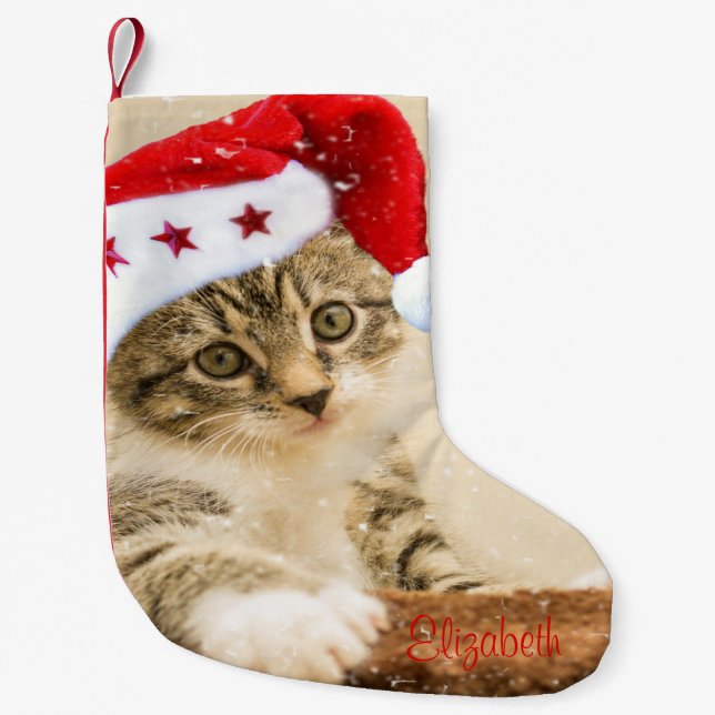 Söt fantasifull katt med tomtehatt liten julstrumpa (Framsidan)