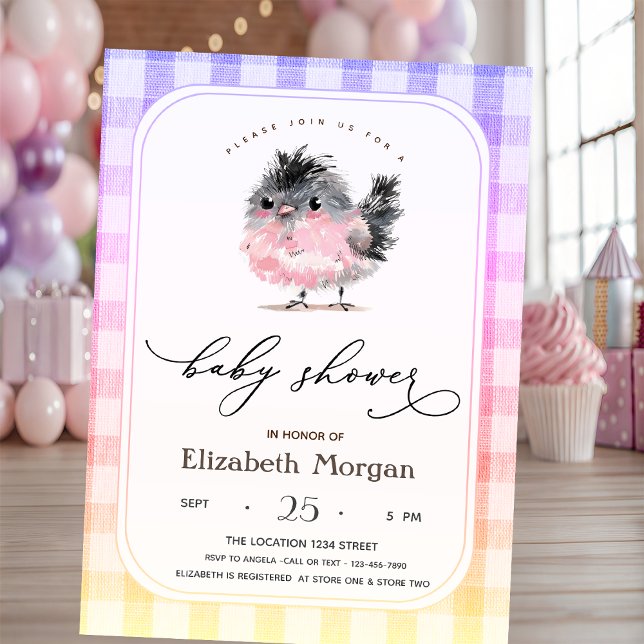 Söt fantasifull kyckling i rutig baby shower  inbjudningar (Skapare uppladdad)