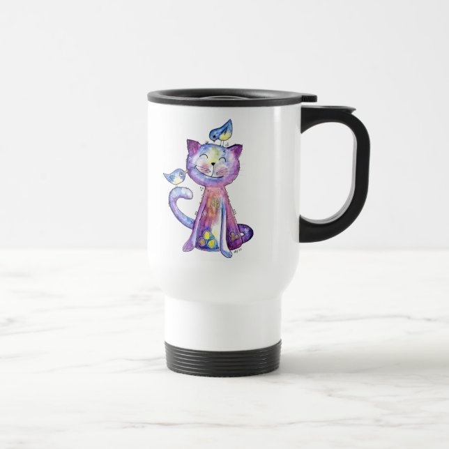 Söt fantasifull lila katt med fåglar resemugg (Höger)