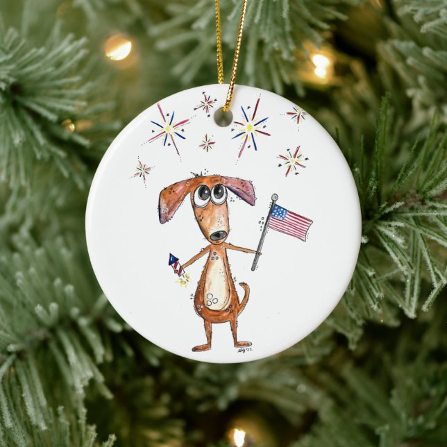 Söt fantasifull patriotisk hund med flagga julgransprydnad keramik (Träd)