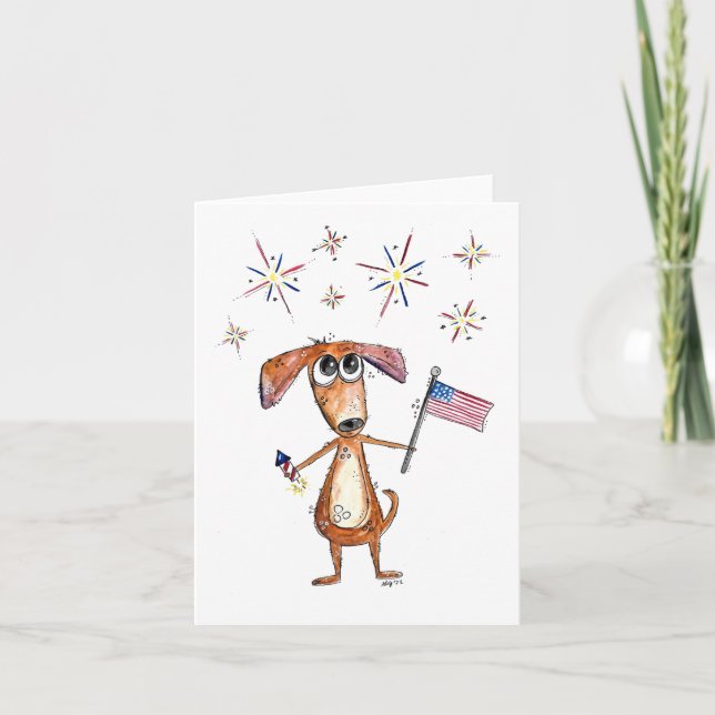 Söt fantasifull patriotisk hund med flagga kort (Framsida)