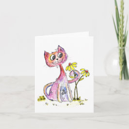Söt fantasifull rosa katt med gula blommor kort