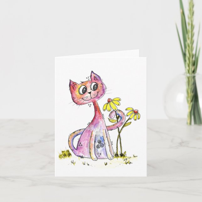 Söt fantasifull rosa katt med gula blommor kort (Framsida)