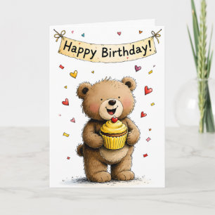 Söt fantasifull teddybjörn Cupcake Grattis på föde Kort