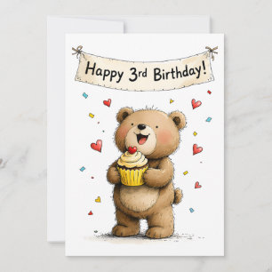 Söt fantasifull teddybjörn Glad 3-årsdag Platt Kort