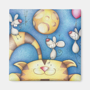 Söt fantastisk katt- och mus-månkonst magnet