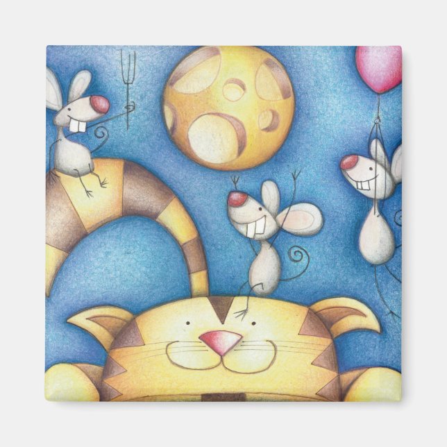 Söt fantastisk katt- och mus-månkonst magnet (Framsidan)