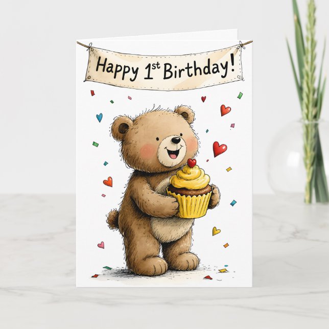 Söt fantastisk teddybjörn Glad första födelsedag Kort (Framsida)
