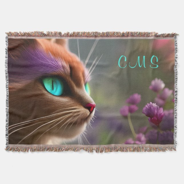Söt Fantasy Cat Flower *Monogram* Filt (Framsidan)