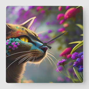 Söt Fantasy Flower Cat Fyrkantig Klocka