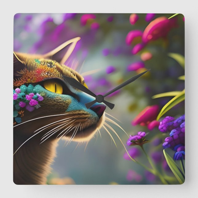 Söt Fantasy Flower Cat Fyrkantig Klocka (Framsida)