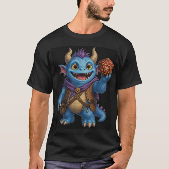 Söt Fantasy Monster som håller D20 T-Shirt (Framsida)