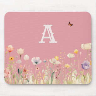 Söt Färg Watercolor Wildblommor och Monogram Musmatta