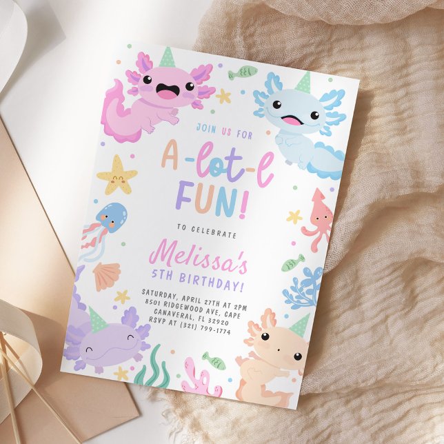 Söt Färgglad Axolotl Födelsedagsfest Inbjudningar (Skapare uppladdad)