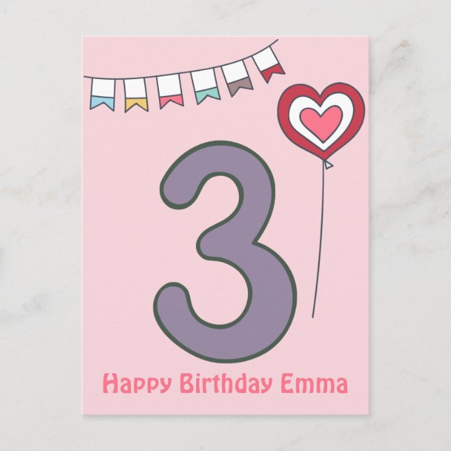 Söt Färgglad Barnens 3-års Födelsedagskort Vykort (Framsida)