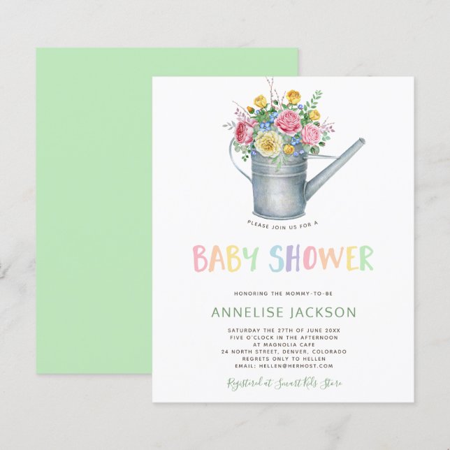 Söt färgglad blomstergrej baby BUDGET shower inbju (Fram/baksida)