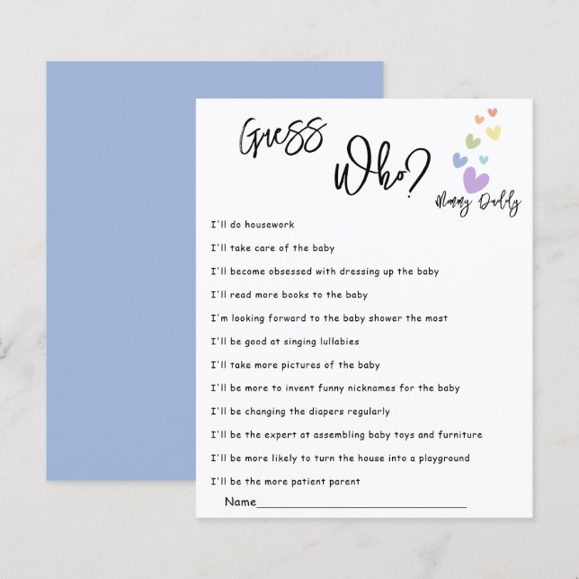 Söt & Färgglad Hjärtan Baby Shower Gissa Vem Spel (Fram/baksida)