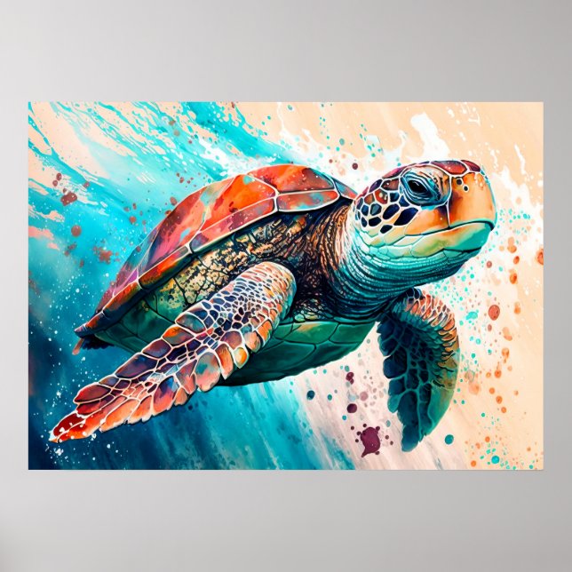 Söt färgglad illustration av simmande sköldpadda poster (Framsidan)