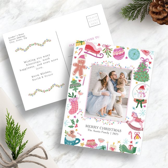 Söt färgglad julpostkort helg vykort (Hand-drawn Whimsical Charm Chic Holiday  Colorful Christmas Photo Postcard by Painted Paperie)