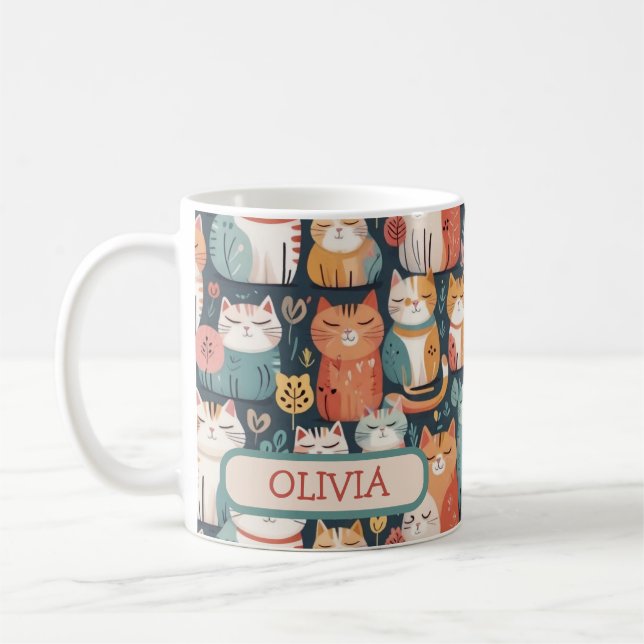 Söt färgglad kattmönsterpersonlig  kaffemugg (Vänster)