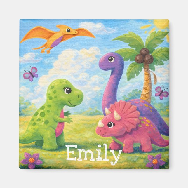 Söt färgglad tjej dinosaurie vänner barn  magnet (Framsidan)
