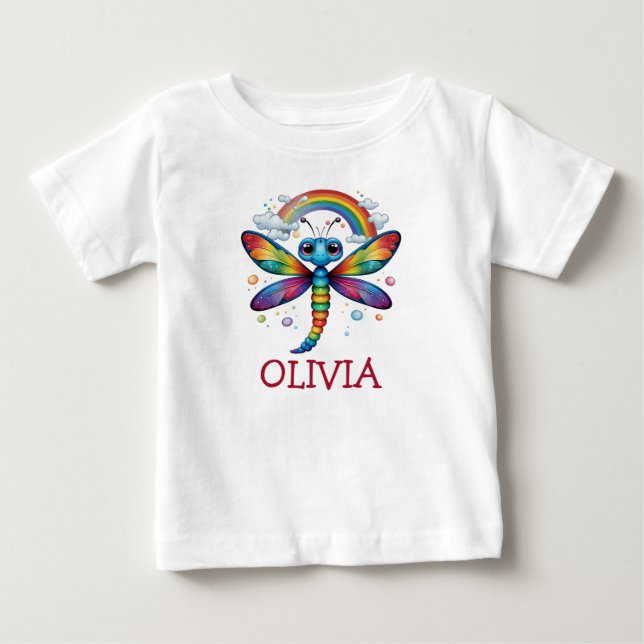 Söt färgglad trollslända med regnbåge t shirt (Framsida)