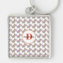 Söt, färglös blommigt, första Monogram Gift Fyrkantig Silverfärgad Nyckelring